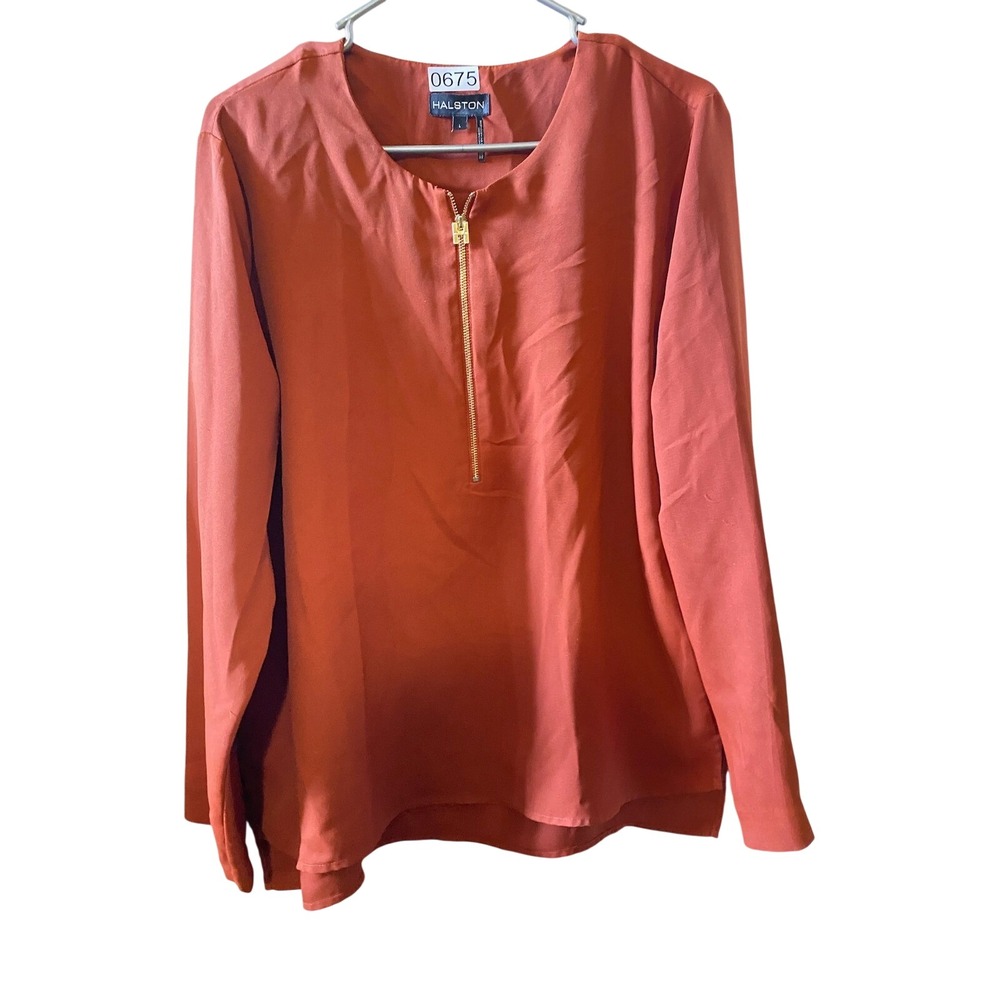 Halston Womens Burnt Orange Half Zip Long Sleeve Blouse Size L Gold Hardware
